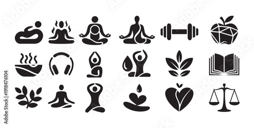 Wellness and health icon set showcasing exercise, meditation, healthy eating, and body care