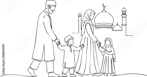 Man standing with family in traditional clothing near a table