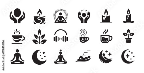 Meditate and relax with a collection of wellness and spiritual icons including candles and nature