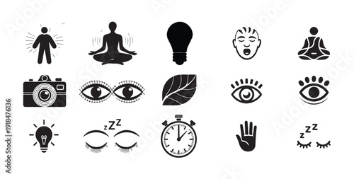 Awareness, meditation, and sleep icons for mindfulness, relaxation, and mental health concepts