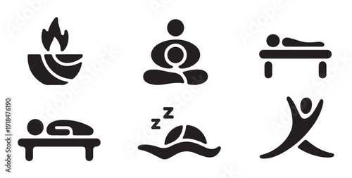 Wellness and relaxation icons including meditation fire sleep and healthy activities