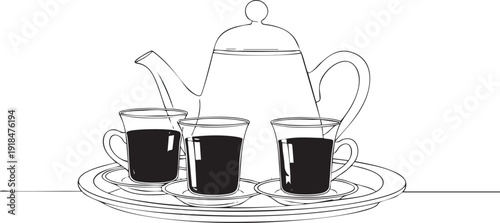 Serene tea time with teapot and cups on saucer in simple illustration