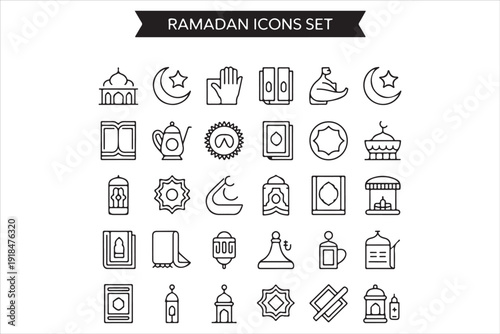 Ramadan Kareem Outline Icons Set, Islamic Line Art Vector Collection