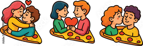 Romantic Pizza Couple Illustration. Couples in Love Sitting on Pizza Slices with Valentine’s Day