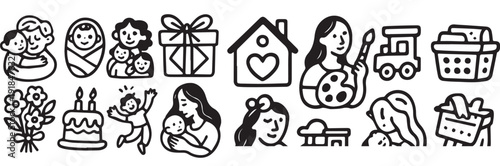 Minimalist Domestic Life Icons set: Mother, Child, Home & Celebration icon bundle
