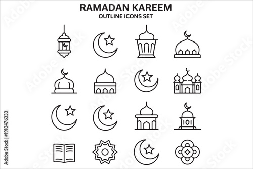 Ramadan Kareem Outline Icons Set, Islamic Line Art Vector Collection