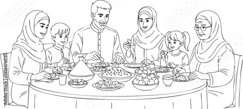 Four people sitting around a circular table engaged in a discussion or meeting in a simple line drawing style