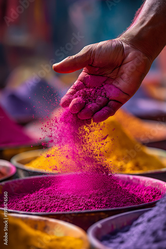 Hand sprinkling vibrant pink gulal powder over colorful bowls at Holi festival market, traditional Indian spring celebration of colors