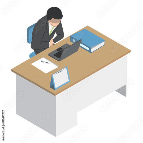 デスクワーク中に腹痛で苦しむ会社員男性・アイソメトリック