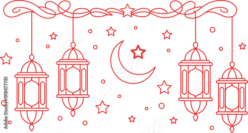 Red Ramadan lanterns and crescent moon illustration, Islamic festive hanging lamps with stars decorative Arabic vector background design