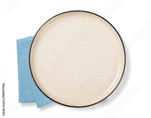 Fotografie Empty biege Ceramic Plate with Blue Napkin Isolated on White