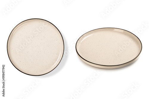 Empty Cream Ceramic Plates Set in Top and Side View on white background.