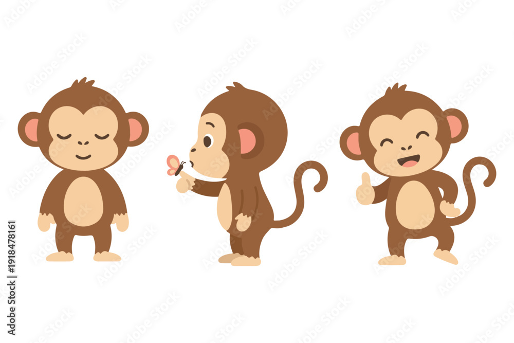 Obraz premium Cute little monkey character set with various expressions and butterfly in flat kawaii vector style