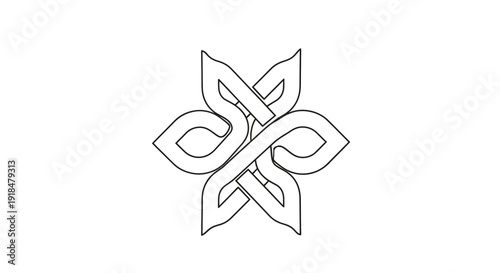 An intricate black and white line art illustration of a stylized floral design with intertwined leaves and petals
