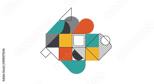Geometric shapes in various colors arranged in a complex composition viewed from directly above