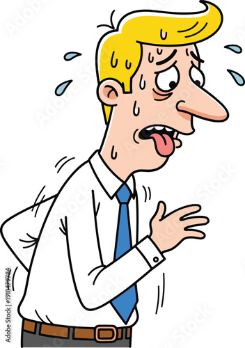 Exhausted sweating businessman cartoon character feeling sick and stressed, overheated office worker illustration isolated on white background