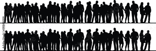 Crowd of people silhouette banner set, diverse men and women standing together isolated on white background vector illustration