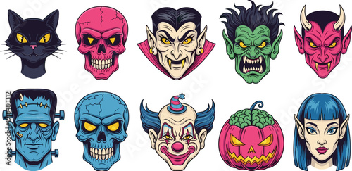 Halloween horror character set featuring skull, vampire, demon, zombie, clown, pumpkin, black cat vector illustration collection