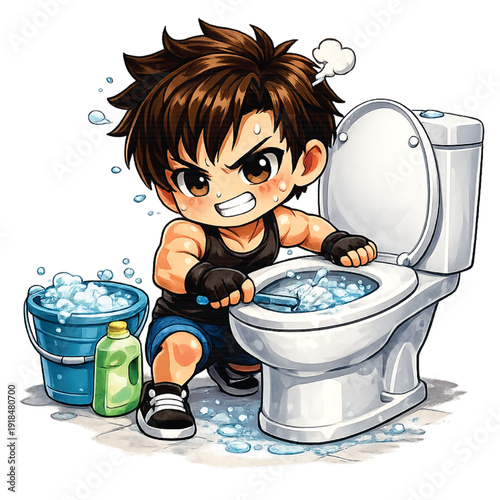 Young Man Cleaning Sitting Toilet Indoors Illustration