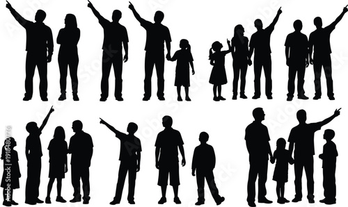 Family pointing gesture silhouettes set, parents and children standing together isolated on white background vector illustration collection