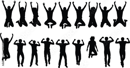 Silhouette set of jumping and celebrating people, energetic crowd showing victory and success isolated vector collection