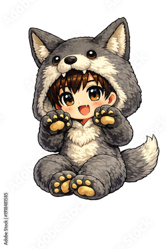 Boy Wearing Wolf Costume Fun Playful Dress Up Illustration
