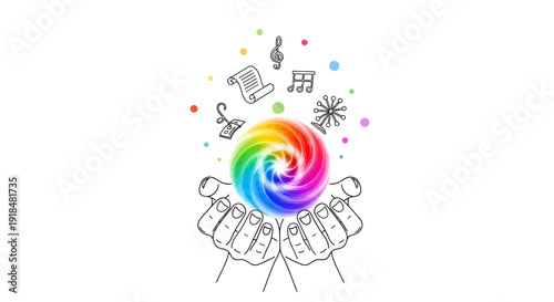 Creative hands holding colorful creativity symbol with artistic elements