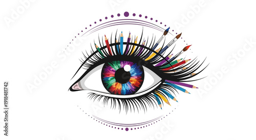 Vibrant eye with colorful pencils and paintbrushes emerging from lashes