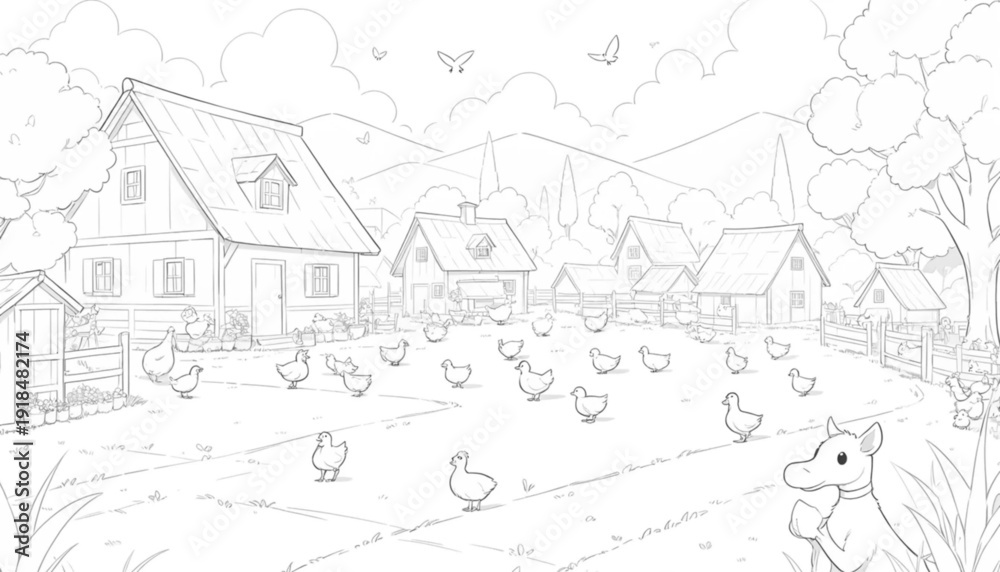 Fototapeta premium Sketch illustration of a garden in which there are various chickens