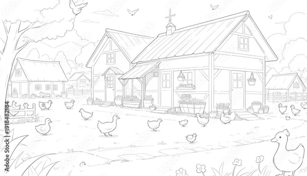 Obraz premium Sketch illustration of a garden in which there are various chickens