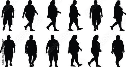 Overweight people silhouettes set, obese men and women walking poses isolated black vector illustration collection on white background