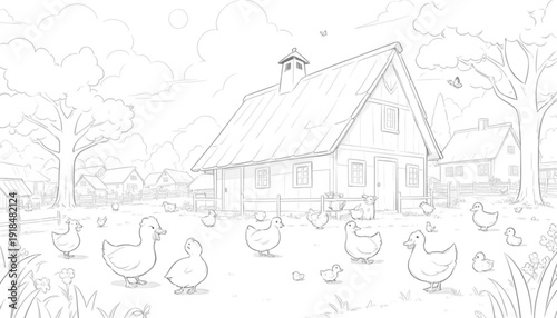 Sketch illustration of a garden in which there are various chickens