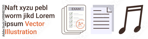 Education, assessment, creative projects, learning, study materials, music. Illustrations include an exam sheet with a grade, a document and a musical note. Education and assessment concept