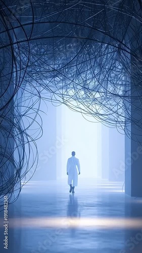 Lone figure walking toward glowing light arch through dark tangled branches in blue cinematic space