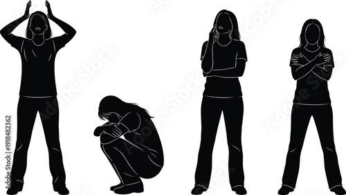 Sad depressed woman silhouettes set, female emotional stress anxiety poses isolated on white background vector illustration collection