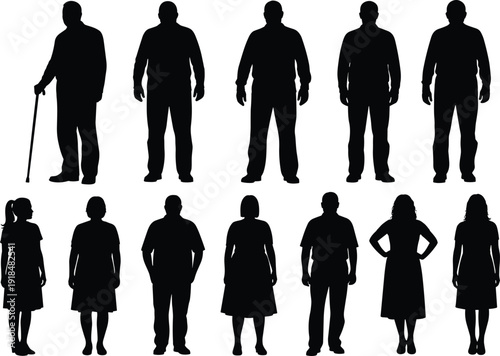 Senior men and women silhouettes collection, elderly people standing poses isolated on white background vector illustration set