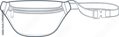 CAD drawing flat vector illustration, fanny pack technical sketch, waist bag design, zipper compartment detail, adjustable strap, fashion accessory