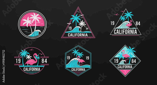 California vintage emblems set, flamingo, palm trees, ocean waves