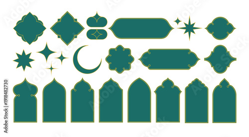 Ramadan Window Frame Shapes. Islamic Star and Moon Elements and Ornaments. Arabic Architecture Geometric Arch Doors Silhouettes Set. Ramadan Kareem Mosque Gates Isolated Icons.