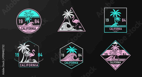 vintage california beach badges, retro palm trees and flamingo
