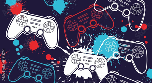 game controllers pattern, colorful splatters on dark background