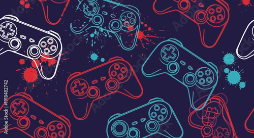 Gamepad pattern background, gaming concept, blue and red colors
