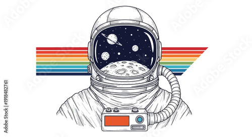Astronaut in space helmet with planets and stars, retro illustration