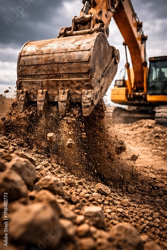 Close-up of an excavator bucket digging into dry soil and rocks dirt