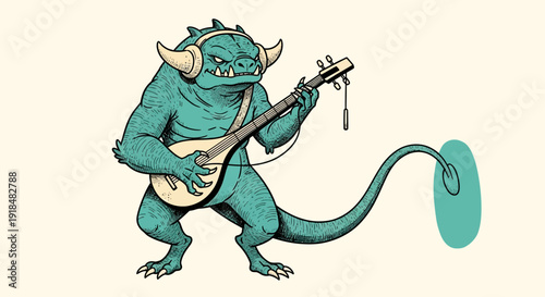 monster musician playing lute, fantasy creature with headphones, illustration