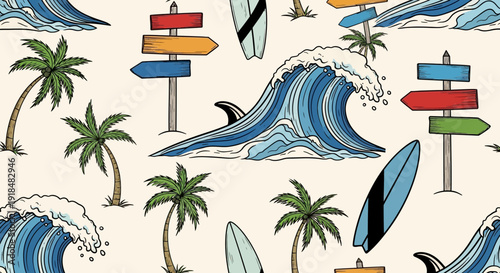 beach pattern illustration, surfboards, ocean waves, palm trees, summer vibes