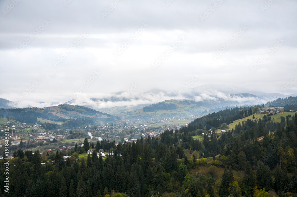 Fototapeta premium Tranquil mountain Verkhovyna village tucked in a green valley with scattered homes and rolling hills. Overcast skies create a calm, scenic mood. Carpathian Mountains, Ukraine