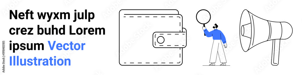 Fototapeta premium Wallet with a button clasp, person holding a balloon, and large megaphone. Ideal for finance, advertising, promotions, minimalistic campaigns, creative concepts, announcements simple landing page