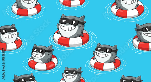 cartoon sharks swimming in pool, summer fun