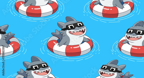 cartoon shark wearing sunglasses floating in pool with lifebuoy